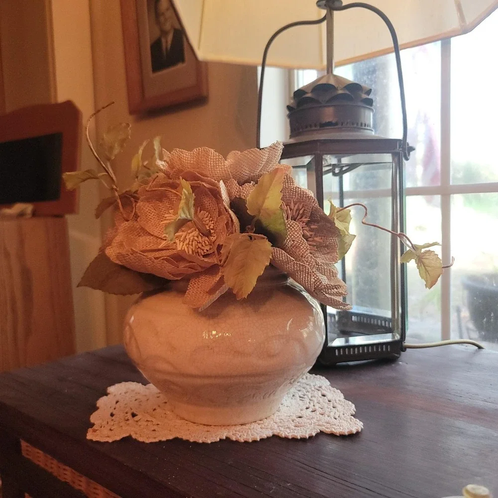 Burlap Flower Arrangement starter Fall Harvest Thanksgiving Rustic Decor Bouquet
